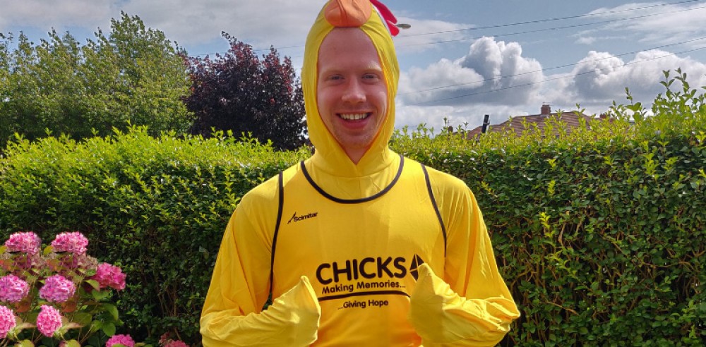 Ed Friars in a chicken costume for the Great North Run