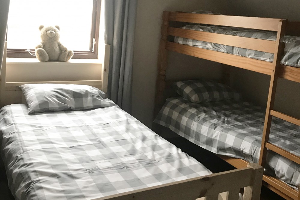 Bedroom with checkered bedding